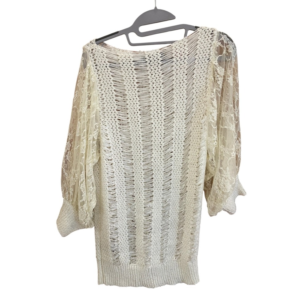 Sioni Sweater Cream Ladder Knit Lace Balloon Sleeve Boho Semi Sheer Romantic M - Picture 3 of 12